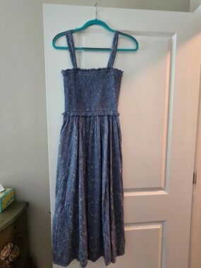 aerie Blue Smocked Midi Dress with Subtle Floral Print